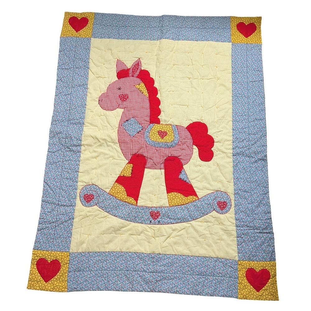 Vintage Handmade Rocking Horse Patchwork Quilt Heart Applique Baby Blanket 40x54